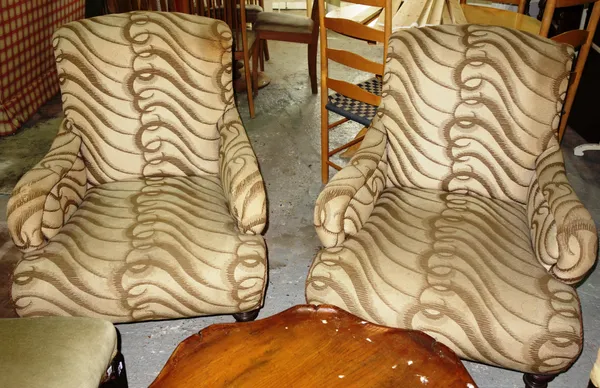 A pair of 20th century mahogany framed low armchairs, (2).   D8