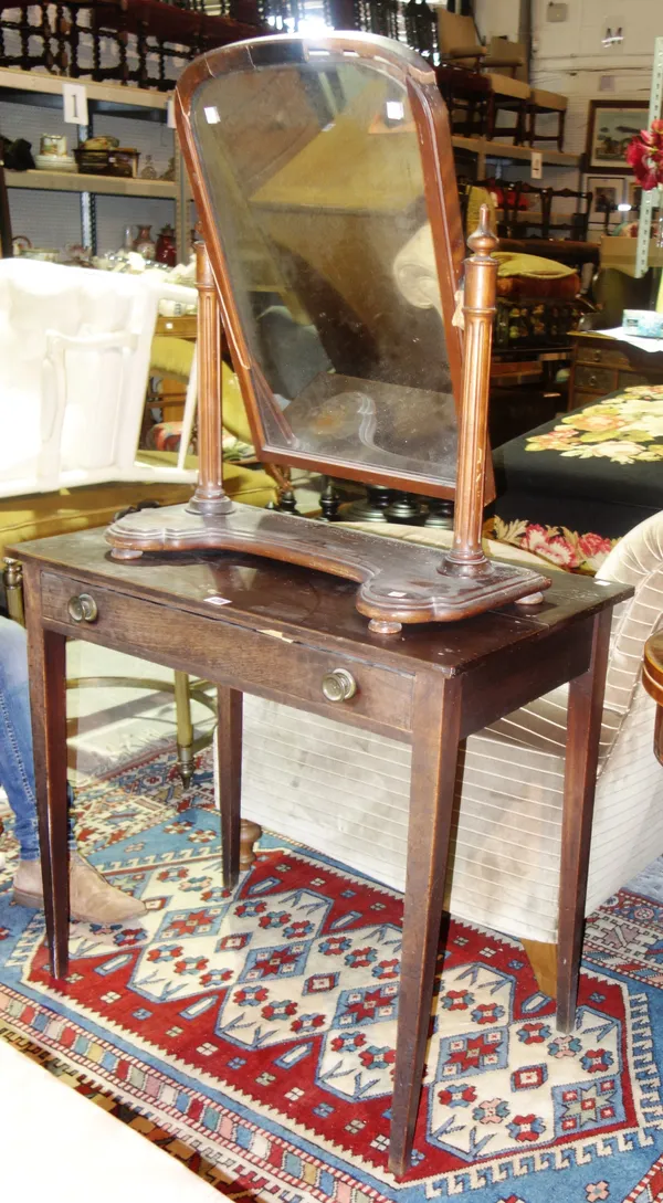An early 19th century mahogany single drawer side table and a Victorian mahogany dressing table mirror, 81cm wide x 75cm high, (2).  C4