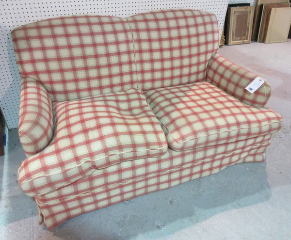 A 20th century Howard style two seat sofa, with orange check upholstery, 156cm long.  C6