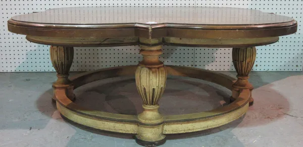 A 20th century coffee table, with shaped pollard oak top on baluster supports, 122cm wide.   D5