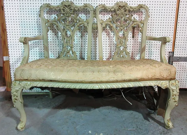 A Chippendale Revival cream and gold painted double chair back sofa, with serpentine seat, 115cm wide.    E5