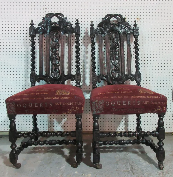 A set of eight 19th century carved oak dining chairs, with barleytwist supports, (8).   M3