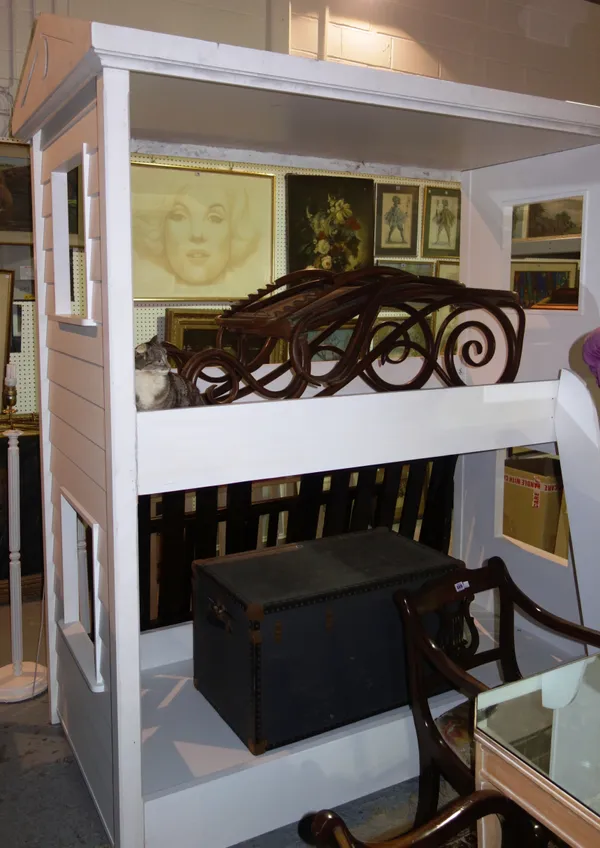 A 20th century white painted bunk bed in the form of a house, 217cm wide.   A9