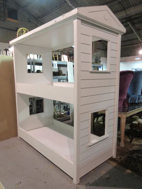 A 20th century white painted bunk bed in the form of a house, 217cm wide.  H2