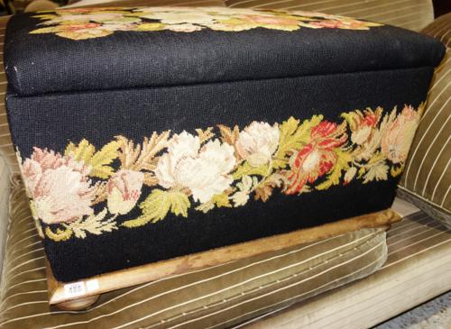 A mahogany framed lift-top Ottoman on bun feet, 83cm wide.   G5