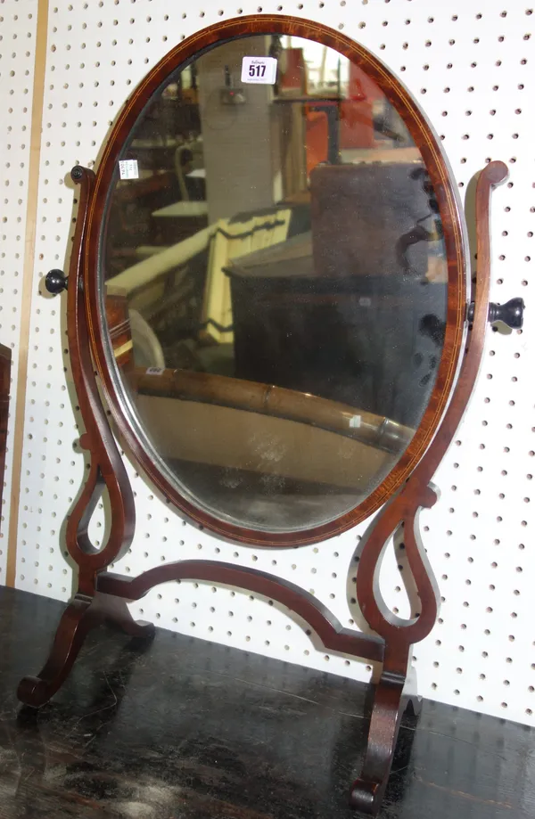 A late Victorian mahogany toilet mirror, 51cm wide and a George I style oak footstool, 55cm wide, (2).J4