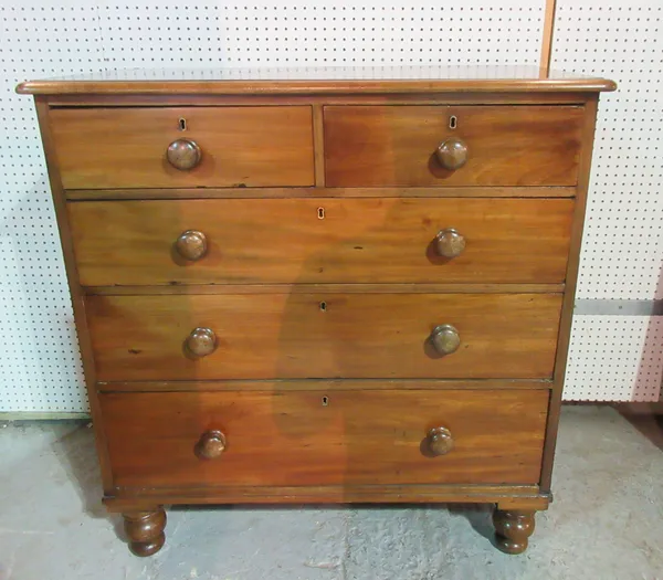 A Victorian mahogany chest of two short and three graduated drawers, on turned feet, 105cm wide. H9