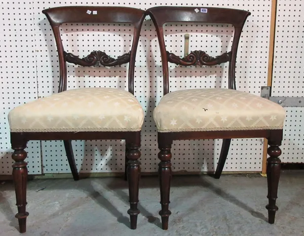A set of five Victorian mahogany framed dining chairs, on lappet carved supports, (5).  K4