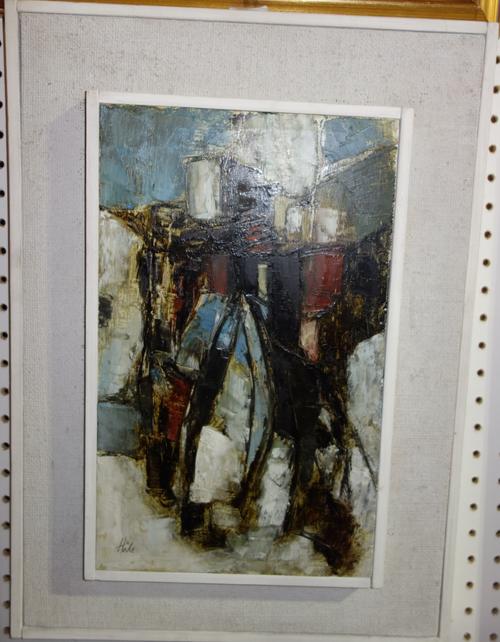 Helen Hale (20th century), Hill Village, oil on board, signed, 39cm x 23.5cm; together with a print by Tom Scane and an abstract study signed 'Nicoll