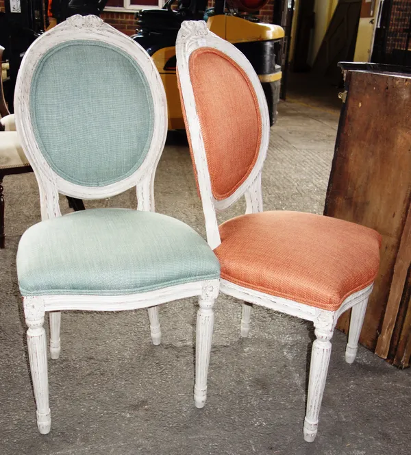 OKA; A Louis XVI style green upholstered side chair, 104cm high and another chair upholstered in peach, (a.f), (2)L5.