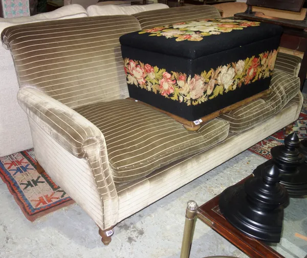 A 20th century striped green upholstered sofa, on turned supports, 190cm wide.  I5