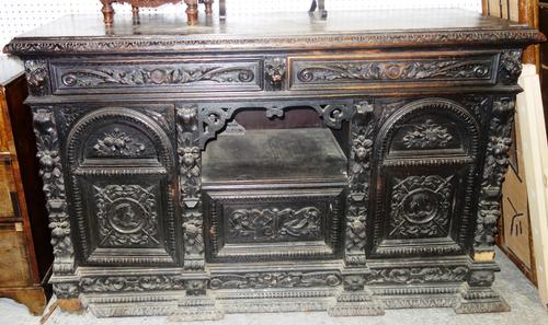 A Victorian carved oak dresser base, 158cm wide.   M5