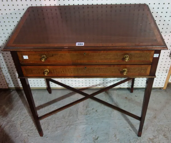 An Edwardian mahogany side table, with pair of drawers, 65cm wide, together with two mahogany stools, (3).   E6