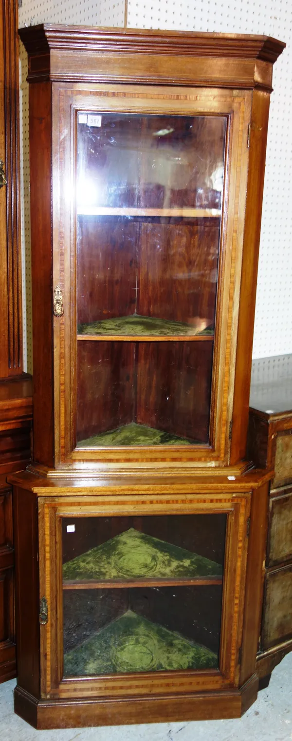 An Edwardian mahogany and satinwood banded glazed corner cabinet, 62cm wide.  M7
