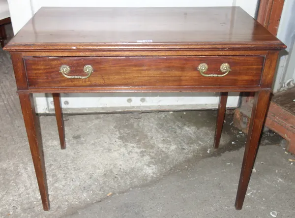 A George III mahogany single drawer side table, on tapering square supports, 92cm wide.  D4