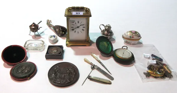 Collectables, including; a Negretti and Zambra pocket barometer, miniature bronze models, miniature tortoiseshell mandolin, bronze medallions and sund