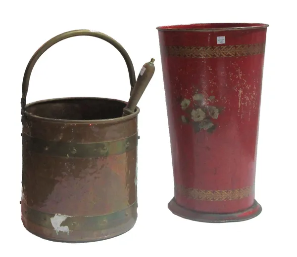 A 19th century travelling trunk inscribed 'Hombersley', 61cm wide, a painted metal stick stand and a copper coal bucket, (3).  S6M