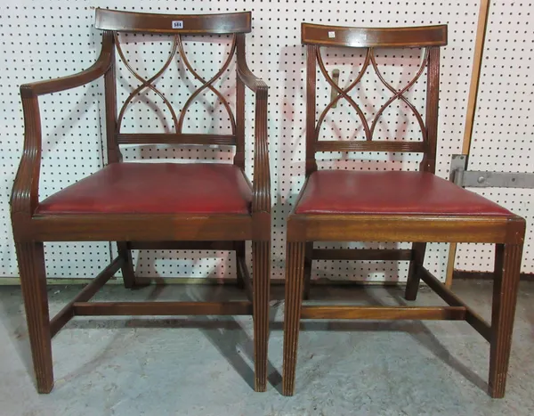 Four mahogany and satinwood Regency trellis back chairs, (4).  I8