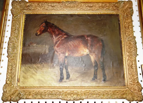 Edith A. Simkins (19th/20th century), A horse in a stable, oil on canvas laid on board, signed and dated 1916, 29cm x 39cm.   I1