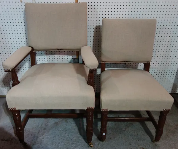 A set of eight Victorian oak dining chairs to include two carvers with grey upholstery. S10T