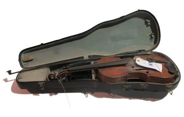 A 19th century violin, lacking interior label, a 14¼ inches, minus button, with a bow and hardcase,   (a.f).    S5M