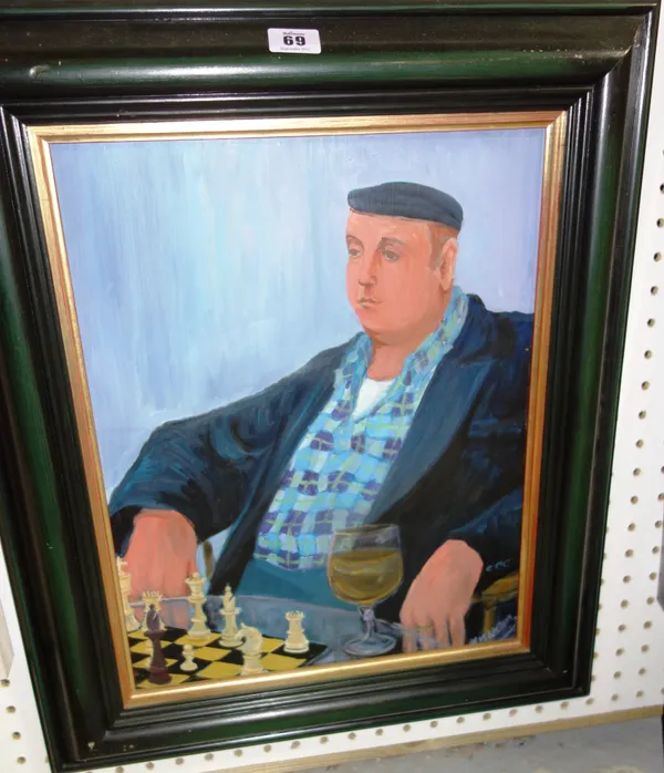 Margaret Loxton (20th century), A French worker playing chess, oil on board, signed, 41cm x 32cm. I1
