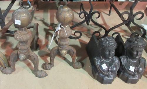 A group of 19th century and later brass and iron fire dogs, including figural examples, a pair moulded with lions and others, (qty).    S10B