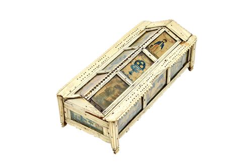 A Napoleonic Prisoner of War bone and paperwork games box, probably made at Norman Cross in Cambridgeshire, sliding top inset with vignettes of sailor