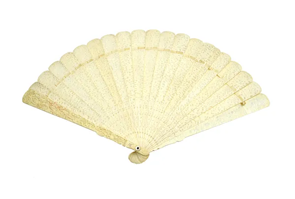 A Cantonese carved and pierced ivory fan, late 19th /early 20th century, detailed all over with figures against a blossoming landscape, the stick guar