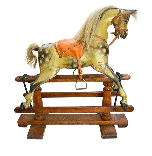 A child's carved wooden rocking horse, late 19th century, dappled grey with a white mane and leather saddle, on a wooden and wrought iron swing frame