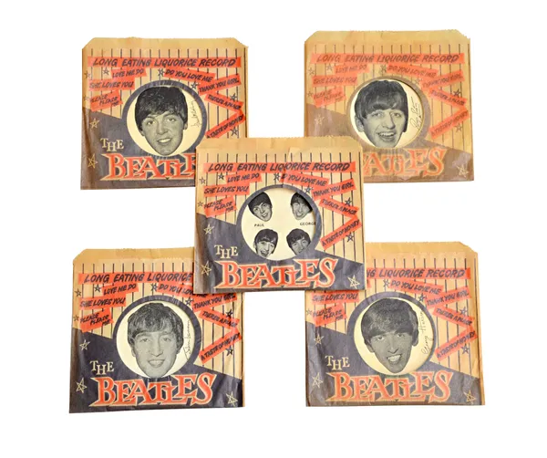 The Beatles; a set of five vintage Liquorice miniature records in paper sleeves, 13cm x 12cm, (5).  Illustrated