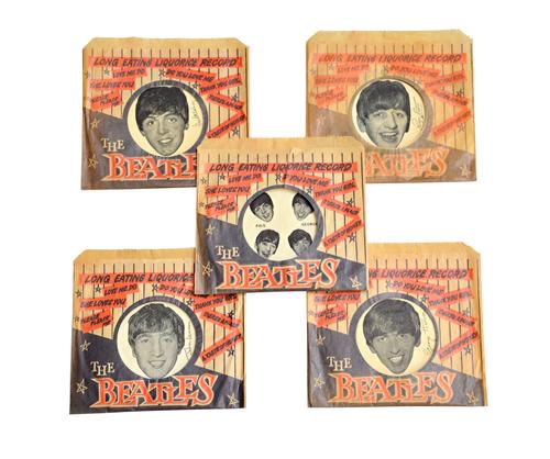 The Beatles; a set of five vintage Liquorice miniature records in paper sleeves, 13cm x 12cm, (5).  Illustrated