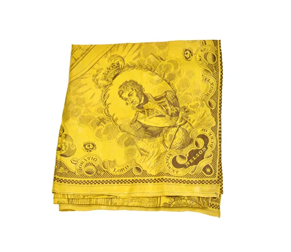 A George III commemorative silk scarf, 19th century, yellow ground printed with a spiral of dates and achievements from 'accession in 1760 to the pres