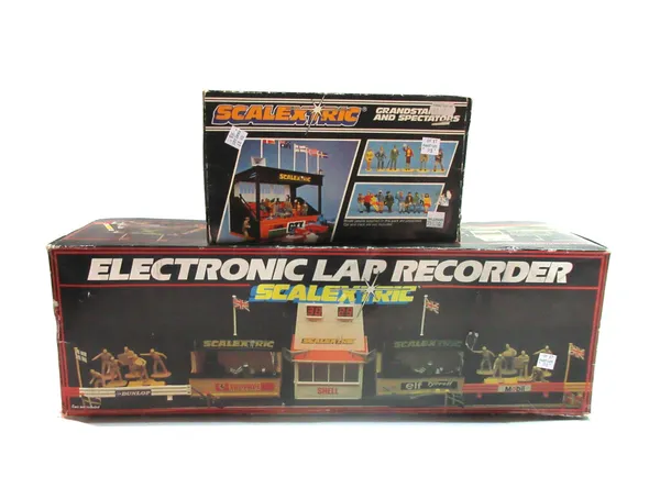 Scalextric; a C.584 Rally Porche racing set, a Le Mans 24 hour boxed set, an Accessory Set, boxed and related track side accessories, (qty).   S5M