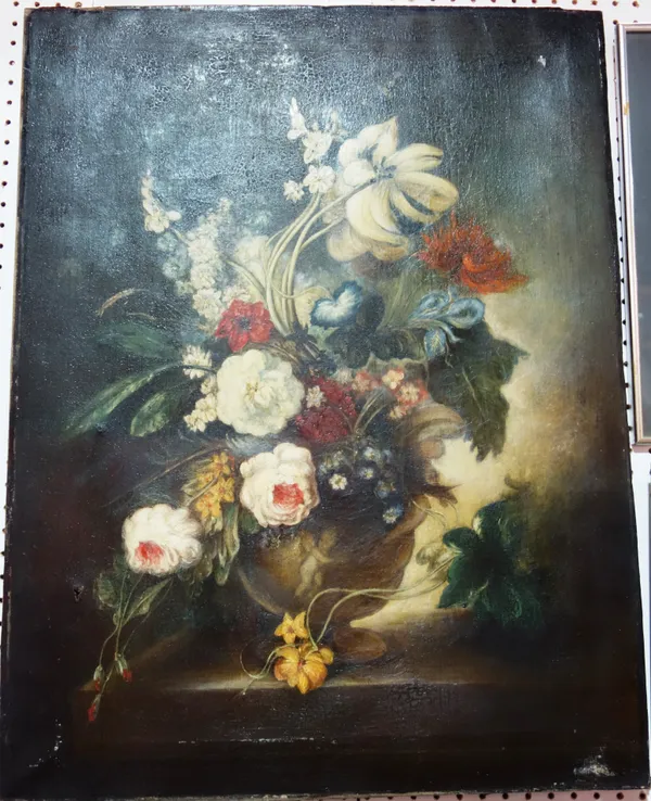 Continental School (19th century), Still life of flowers, oil on canvas, unframed, 90cm x 70cm.  G1