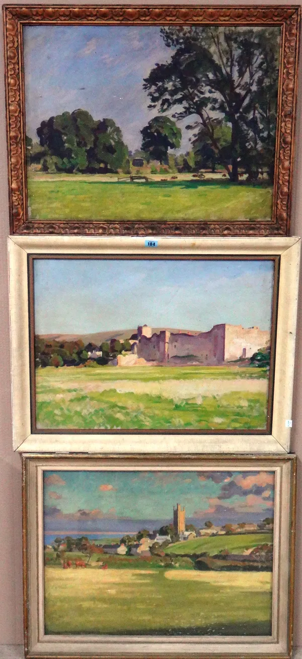 Gilbert Bernard Solomon (1890-1955), Amberley Castle; Bignor Park, Coastal village, three, oil on canvas, average size 44cm x 59cm.(3)  G1