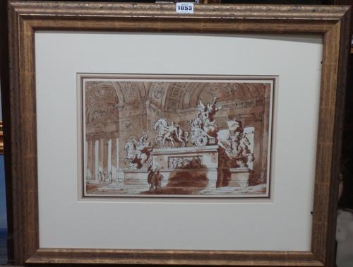 Italian School (18th/19th century), Figures before a monument, pen, ink and sepia wash, 22cm x 34.5cm.