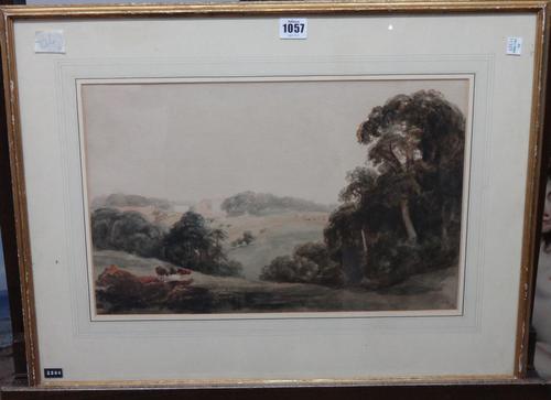 Attributed to Peter de Wint (1784-1849), View of a riverside castle, watercolour, 33cm x 45cm.; together with a further landscape attributed to the sa