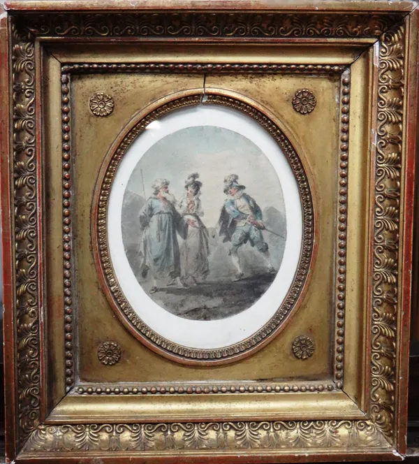 Attributed to Julius Caesar Ibbetson (1759-1817), Scene from 'The Tempest' with Prospero, Miranda and Ferdinand, watercolour, oval, 12cm x 9cm.