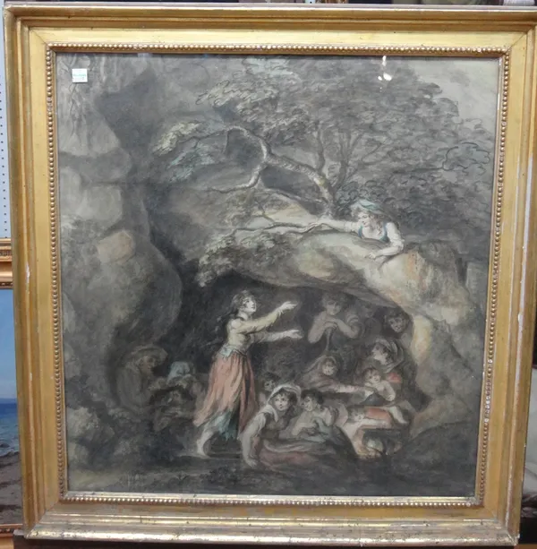 Follower of George Morland, Figures sheltering in a cave, watercolour, 59cm x 55cm.