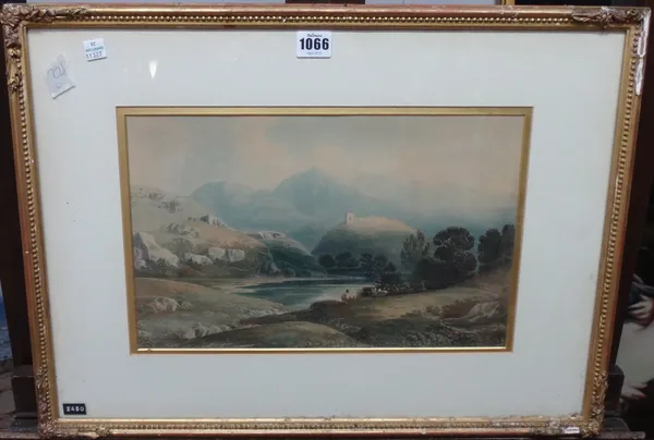 Circle of John Varley, Coastal Scene; A castle on the coast; A mountainous lake landscape, a group of three watercolours, the largest 28cm x 34cm.(3)