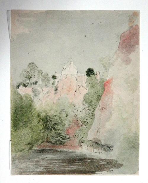 A group of seven, including a watercolour river scene attributed to James Stark; a pen and ink study of demonic figures; a pen and ink study of an old