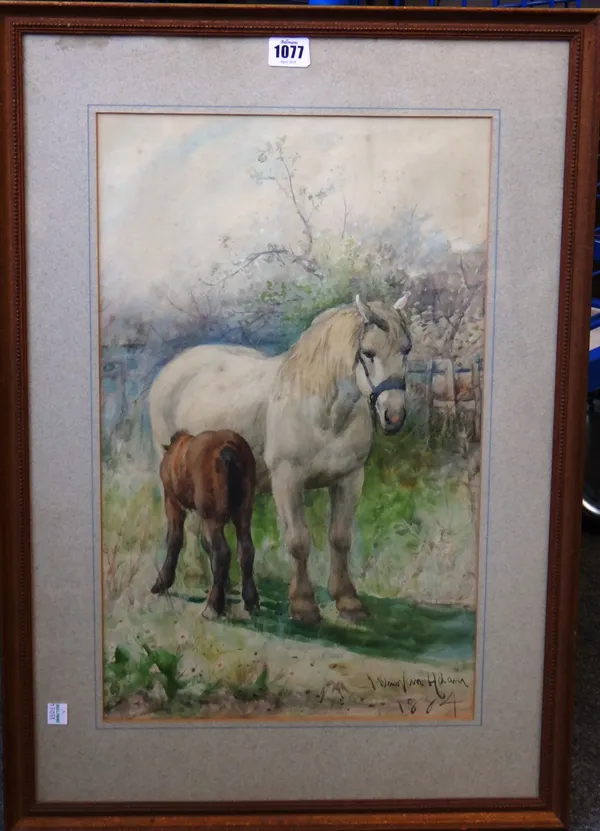 Joseph Denovan Adam (1842-1896), Pony and foal, watercolour, signed and dated 1884, 50cm x 30.5cm.