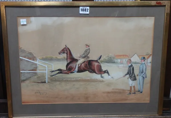 Henry William Standing (fl.1894-1931), Horse and jockey with trainer and owner, watercolour, signed and dated 1898, 30cm x 45cm.