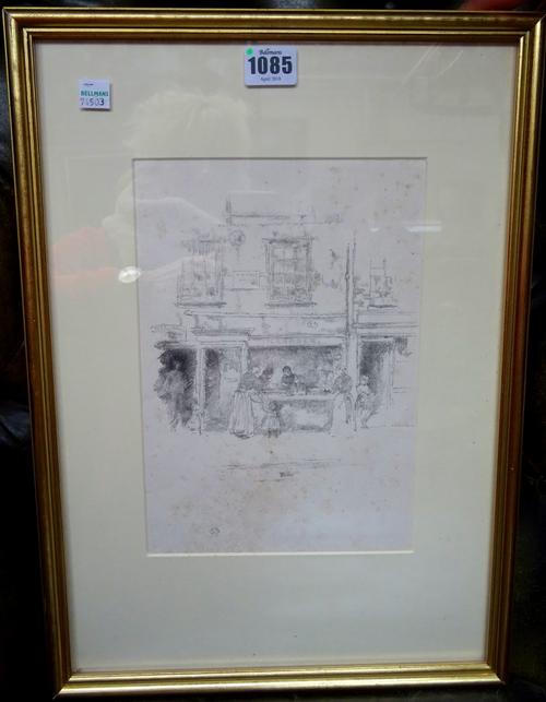 James Abbott McNeill Whistler (1834-1903), Maunder's Fish Shop, Chelsea, lithograph, 26cm x 18cm.  Illustrated