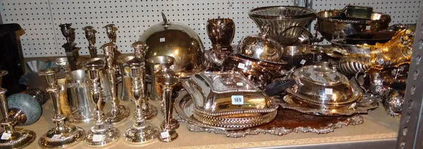 Silver plated wares, including; a large quantity including entree dishes, candlesticks, trays, vases and sundry (qty).  S4M