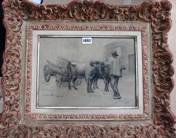 Leon-Augustin L`Hermitte (1844-1924), The oxen cart, pencil, signed, 23cm x 32cm.