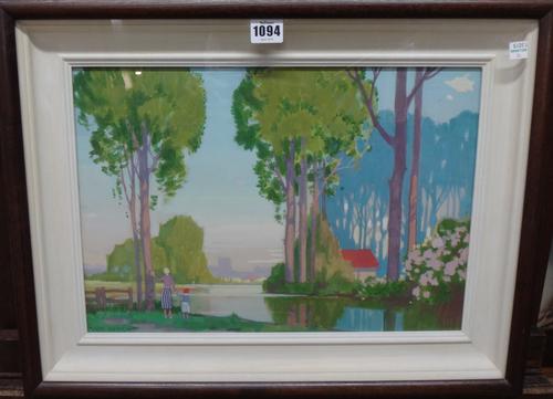 William Knight (early 20th century), River scene with monther and child, gouache, signed, 27cm x 40cm.