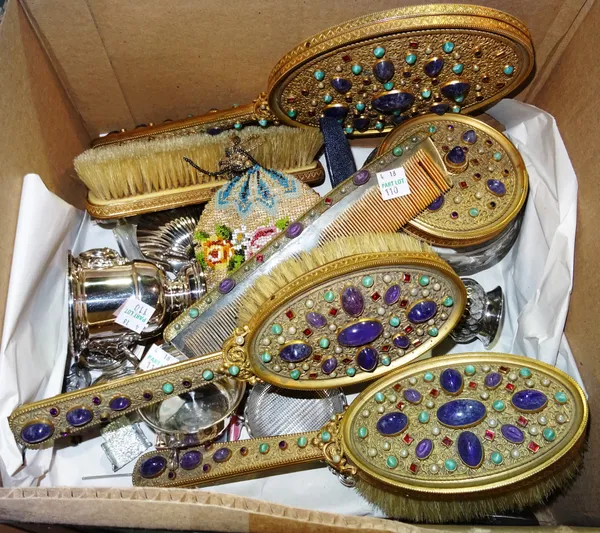 Collectables, including; gilt metal jewelled dressing table set, mixed white metal unmarked items, bead work bag and sundry, (qty). CAB