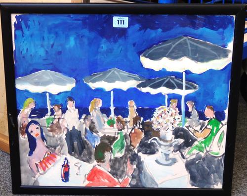 John Pawle (1915-2010), Restaurant scene, South of France, watercolour and gouache, with a coastal scene verso, signed and dated '95, 40cm x 47cm. DDS
